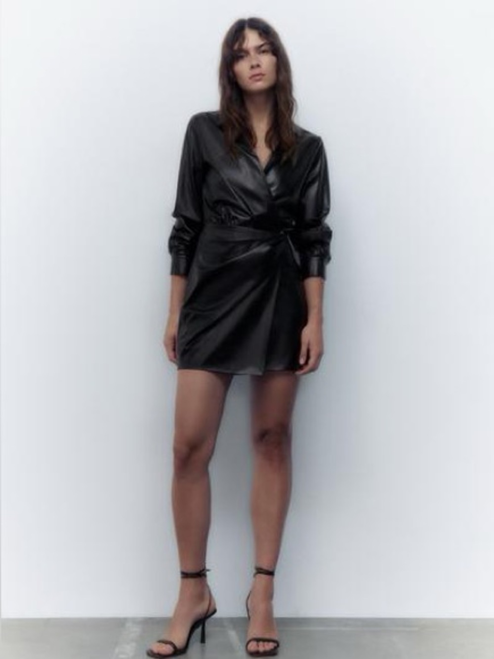 Zara Black Faux Leather Long Sleeve Wrap Dress